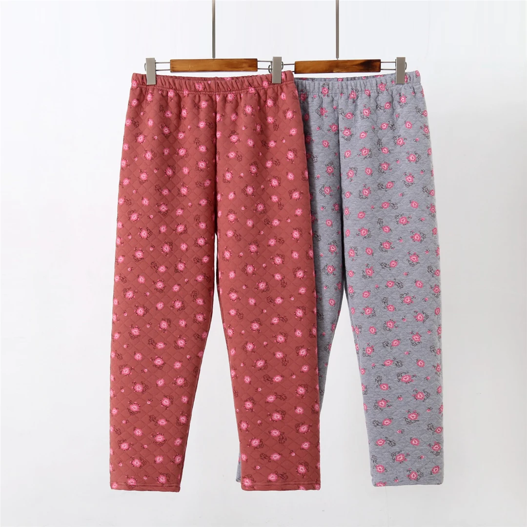 秋冬中老年女人三层夹棉保暖裤纯棉家居裤妈妈奶奶加厚卫生裤棉毛