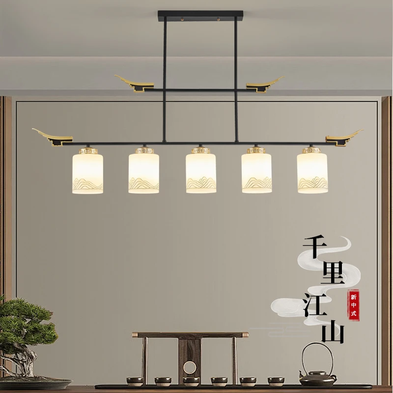 新中式餐厅吊灯中国风禅意茶台吊灯家用创意一字长条餐桌饭厅吊灯