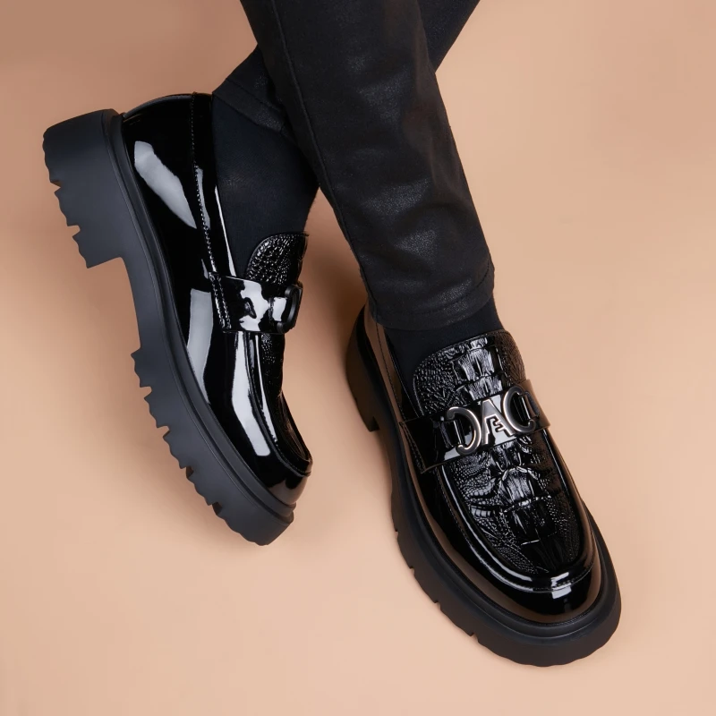 鳄鱼纹乐福鞋男真皮透气时尚痞帅软皮厚底增高一脚蹬皮鞋黑懒人鞋