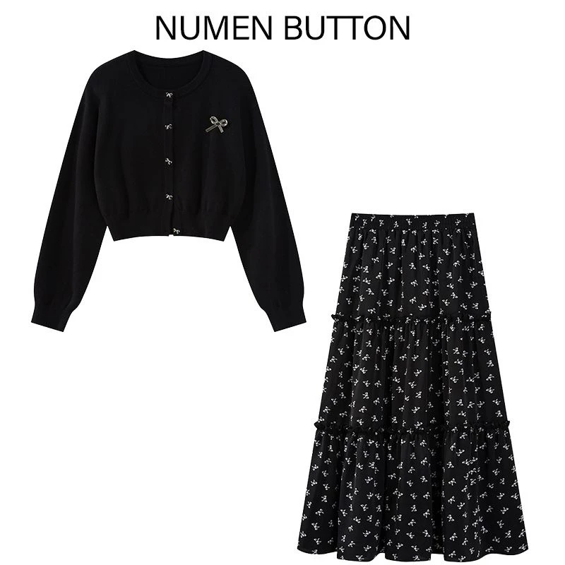 大码女装秋季韩版蝴蝶结长袖针织开衫+高腰碎花半身裙显瘦两件套