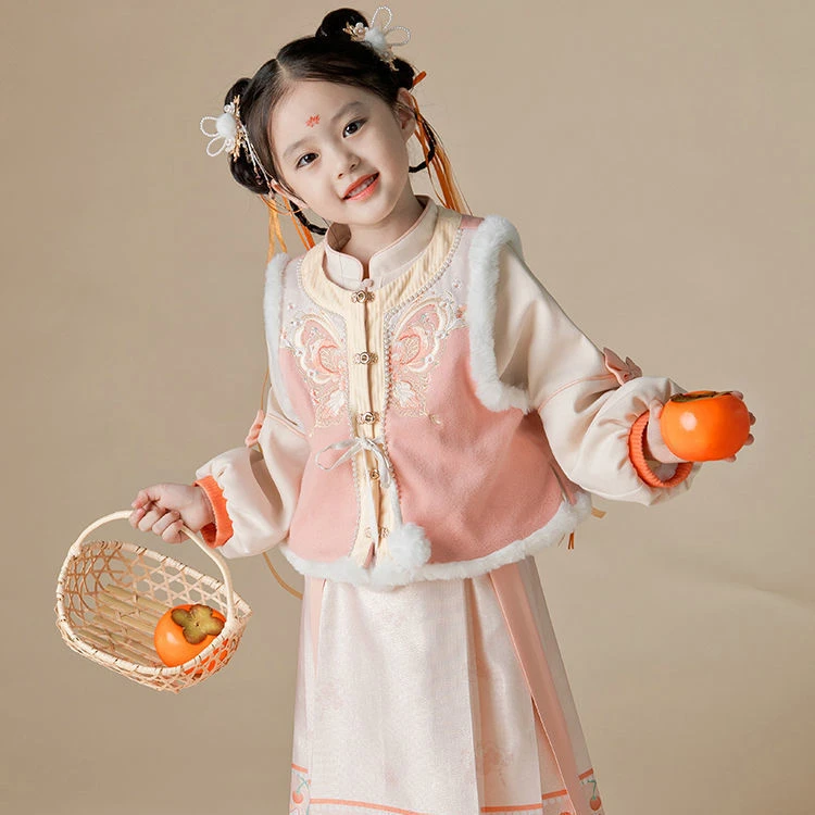 巴拉拉吧女童汉服拜年套装儿童冬装加绒加厚三件套民族风中国风过
