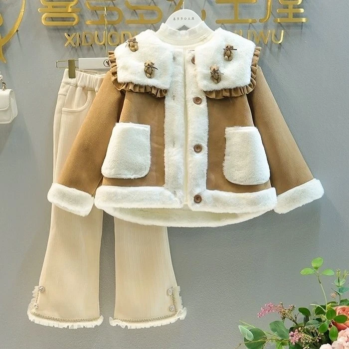 女童冬季套装2024新款韩版女宝宝皮毛一体加绒加厚外套裤子两件套