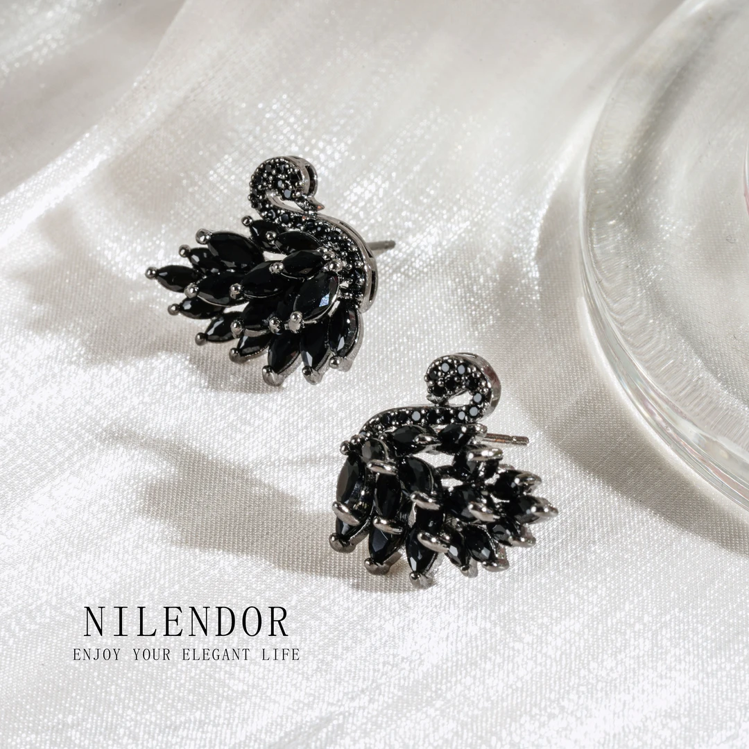 NILENDOR/昵兰 铜合金合成锆石耳饰 ES-589时尚气质黑色天鹅耳钉