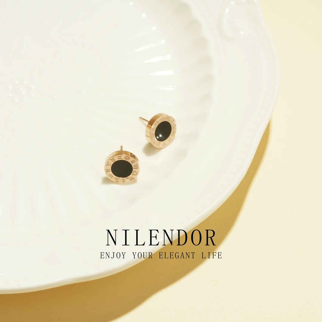 NILENDOR/昵兰 钛钢耳饰 ES-05时尚经典百搭黑色罗马星座圆饼耳钉