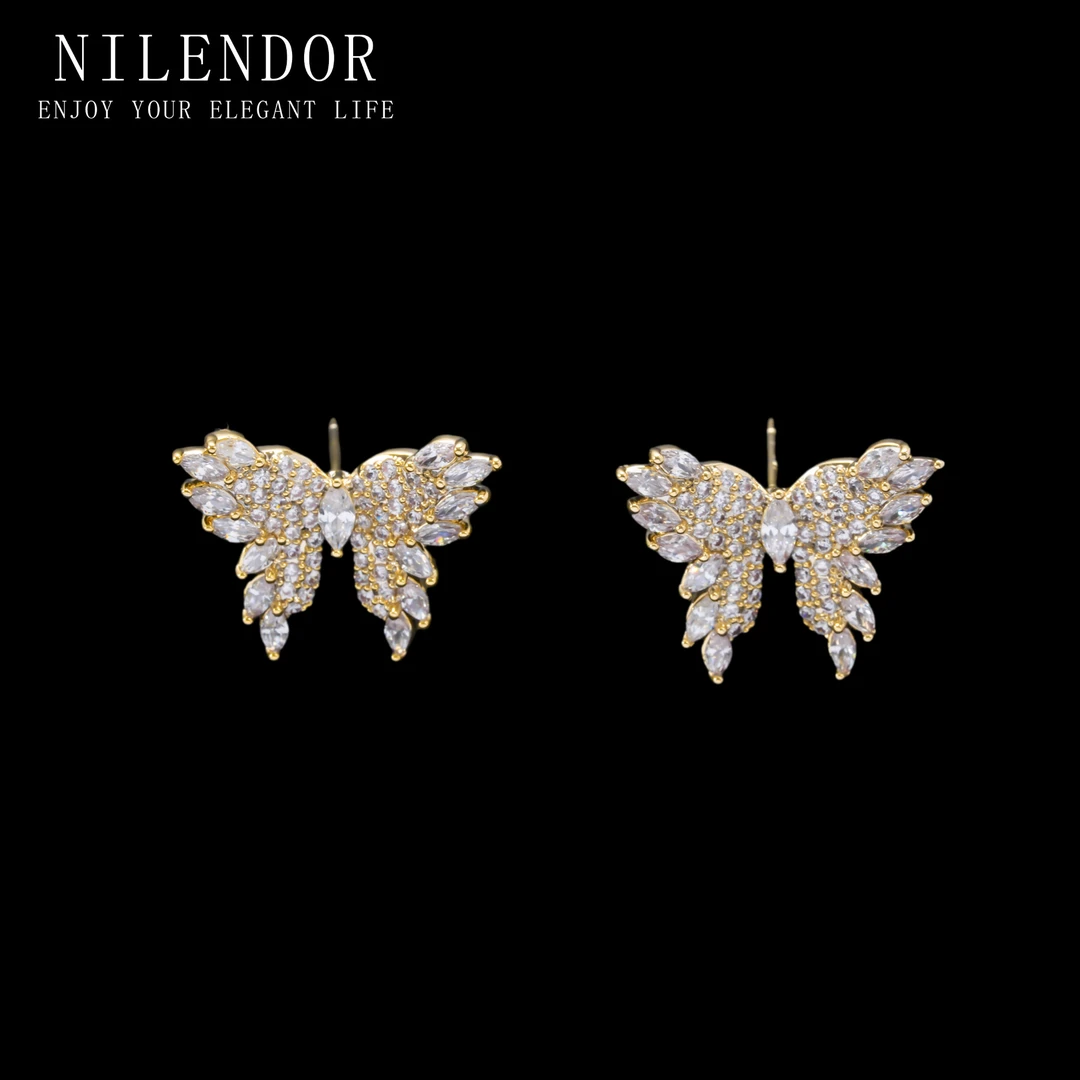 NILENDOR/昵兰 铜合金合成锆石耳饰 ES-100轻奢精致满镶蝴蝶耳钉