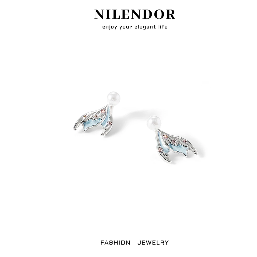 NILENDOR/昵兰 铜合金合成锆石耳饰 ES-97时尚气质蓝色鱼尾耳钉