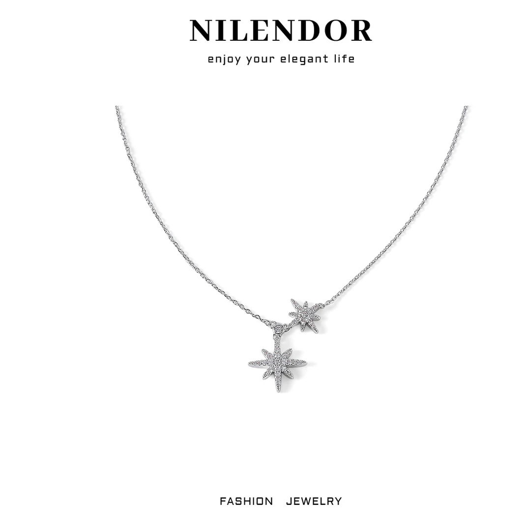 NILENDOR/昵兰 铜合金合成锆石项链 XL-48气质百搭八芒星满镶项链