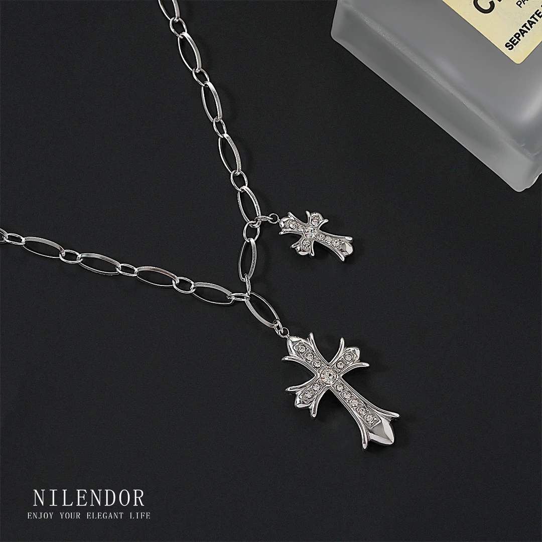 钛钢合成锆石项链 XL-155轻奢时尚十字架百搭项链