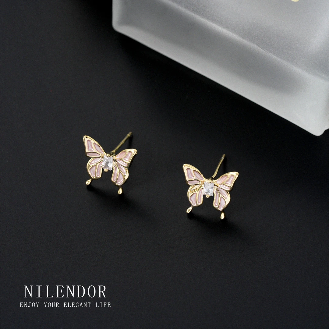 NILENDOR/昵兰 铜合金合成锆石耳饰 ES-32气质百搭粉色蝴蝶耳钉