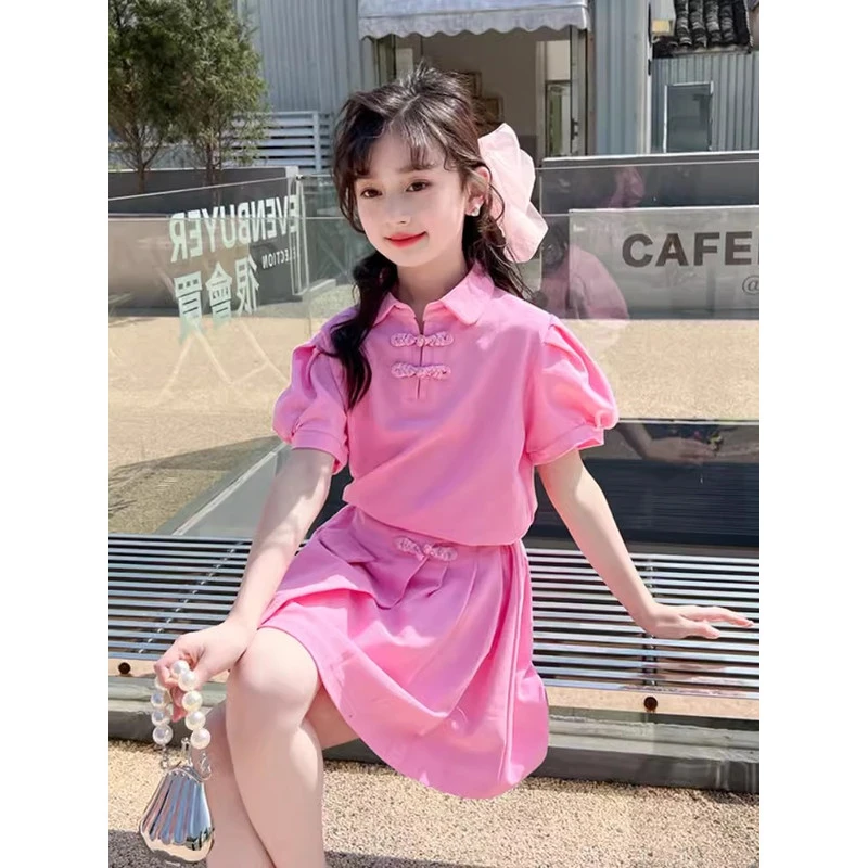 女童夏装短袖裙子套装洋气新中式大童棉质上衣裙子两件套夏季薄款