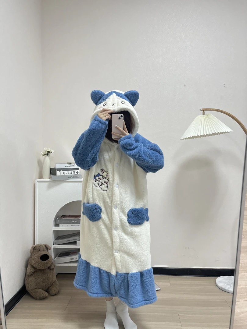 小八舒棉绒连帽睡衣女秋冬加绒加厚甜美学生可爱长款长毛绒家居服