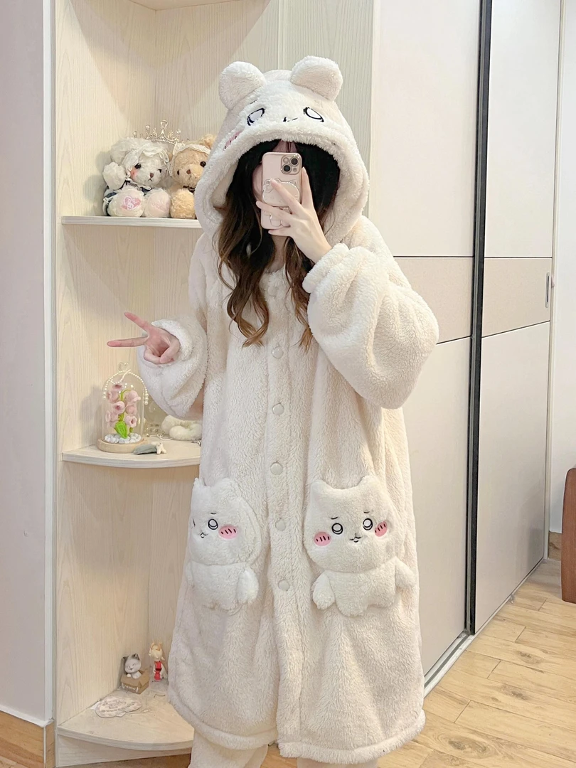 吉伊咔哇舒棉绒连帽睡衣女秋冬加绒加厚甜美学生可爱长款家居服