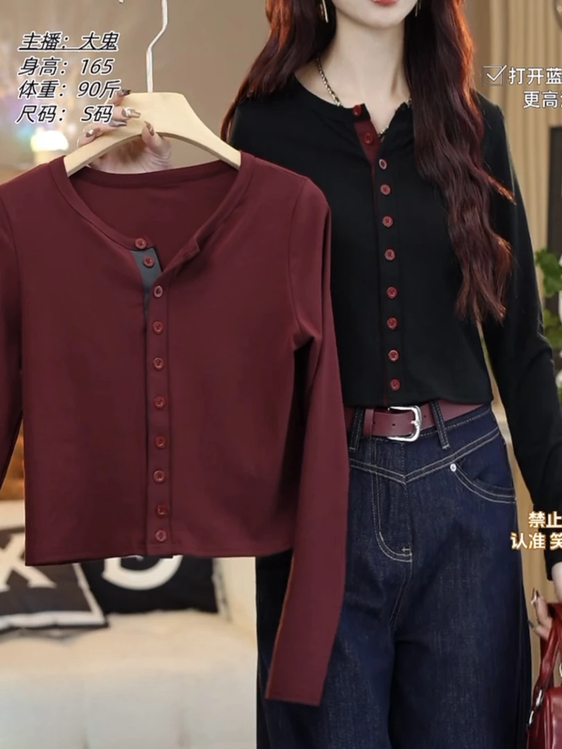 Y排扣撞色圆领打底衫秋季洋气新款上衣蕾丝显瘦气质时尚百搭1013