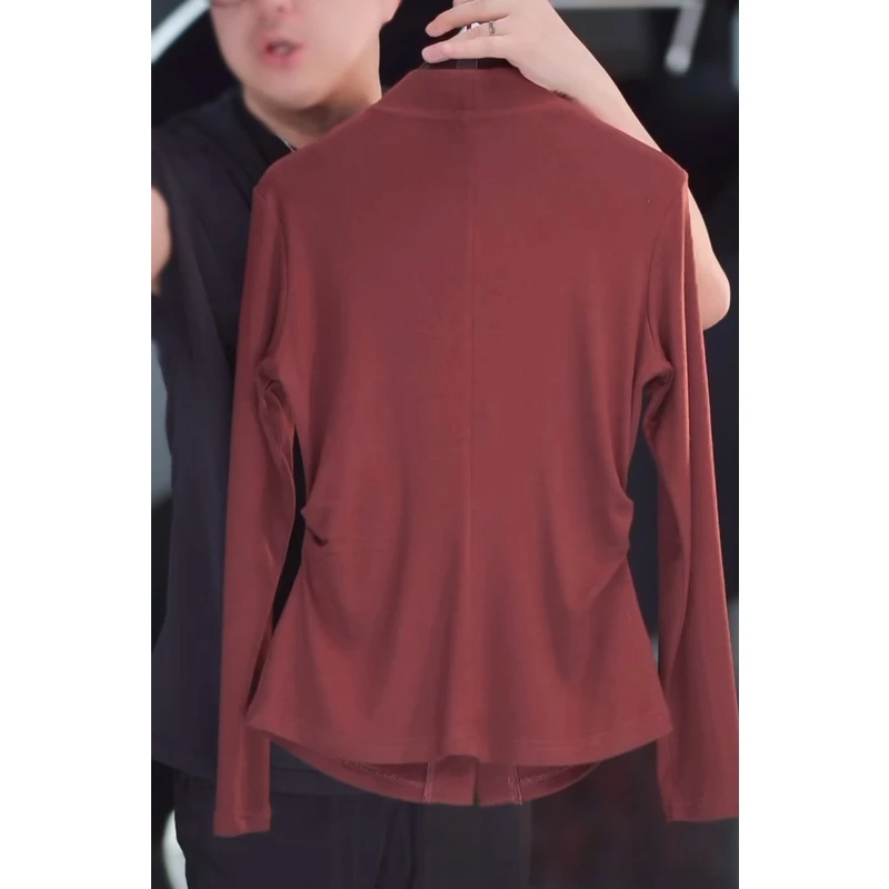 早秋新款时尚气质V领收腰上衣长袖轻奢休闲修身纯色衬衫简约女950