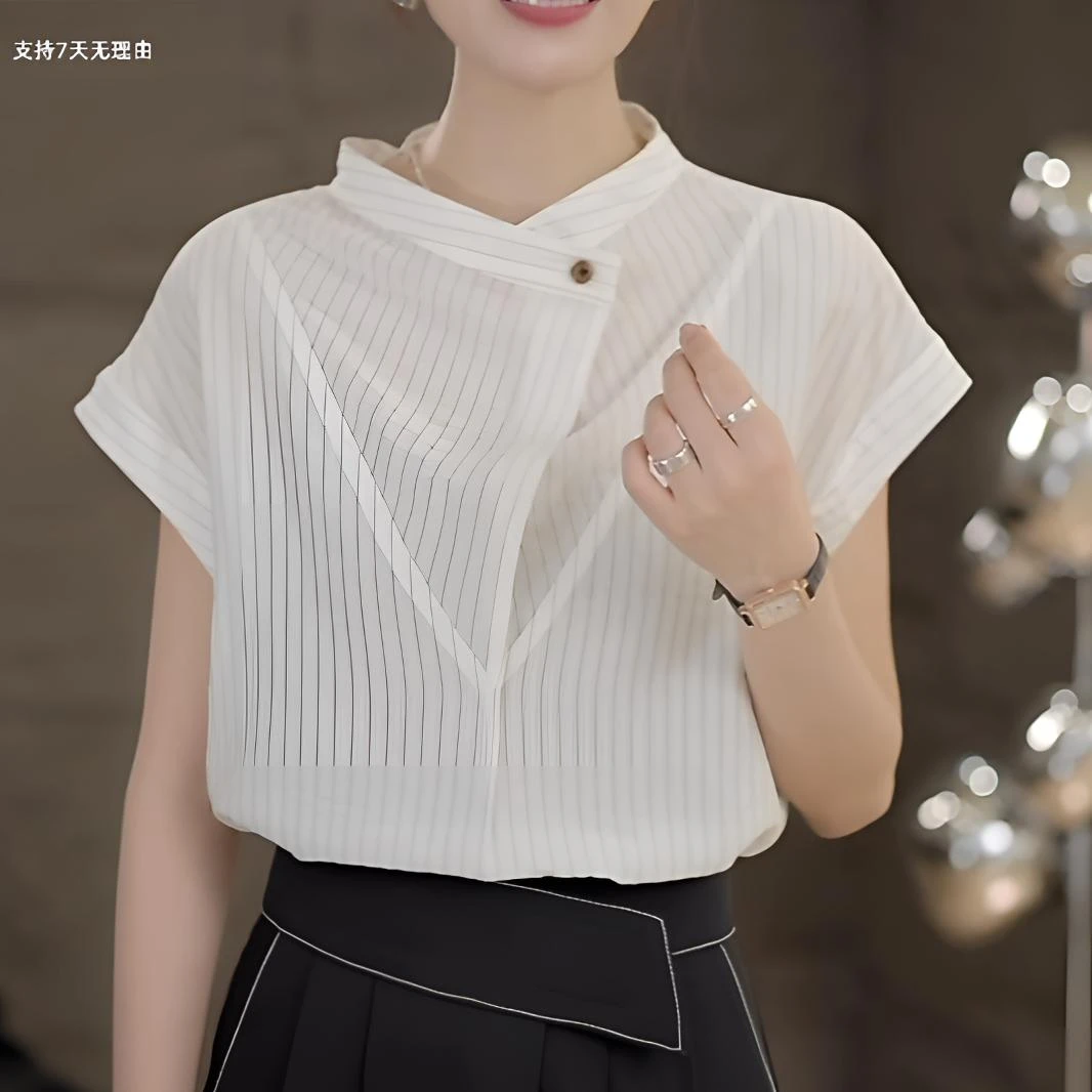 显瘦白色时尚休闲夏季小众轻奢气质条纹短袖衬衫宽松百搭上衣916