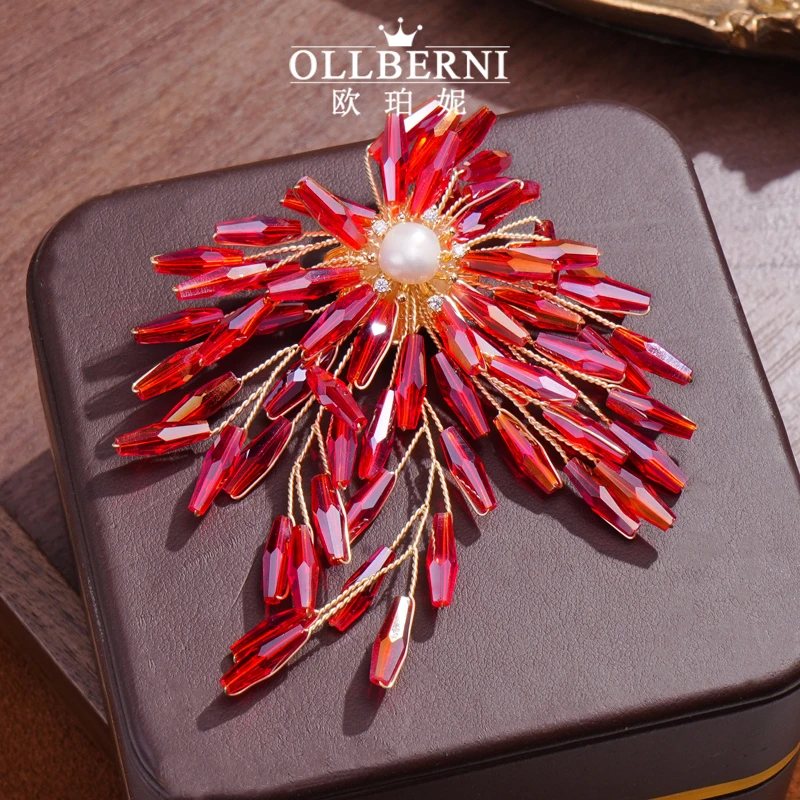 铜合金胸针 时尚手工轻奢高档百搭复古红色古典奢华胸针-x1039