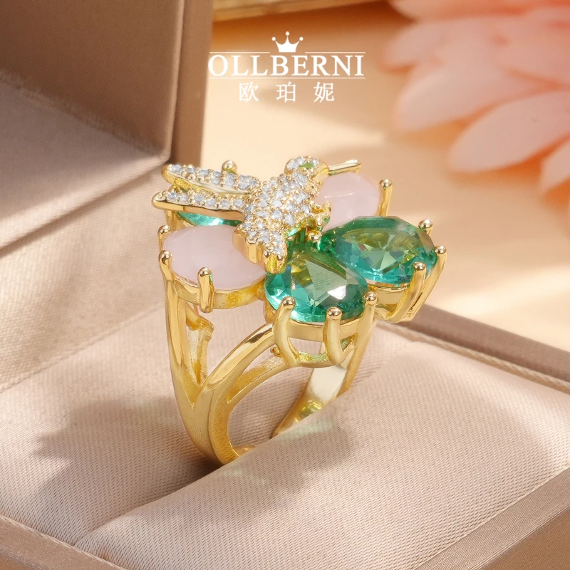 铜合金锆石戒指 时尚气质轻奢绿色复古小众个性金色黄色戒指-1015