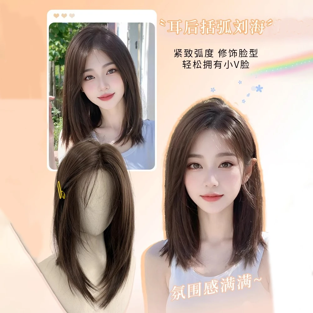 闪格假发蕾丝女中长发前额蕾丝八字刘海锁骨发仿真人发中分假发