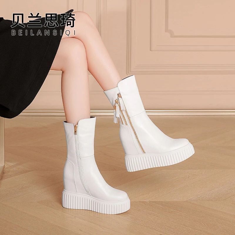 8829真皮双拉链厚底内增高中筒靴女秋冬季加绒防水台坡跟高马丁靴