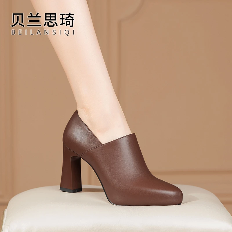 5559牛皮舒适厚底粗跟单鞋女2024春秋季新款真皮深口防水台高跟鞋