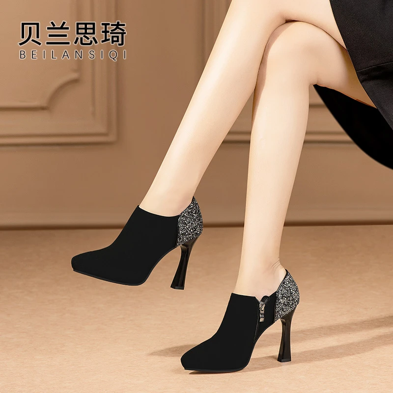 磨砂真皮拼接尖头深口细跟单鞋女2025春秋季新款防水台高跟鞋5726