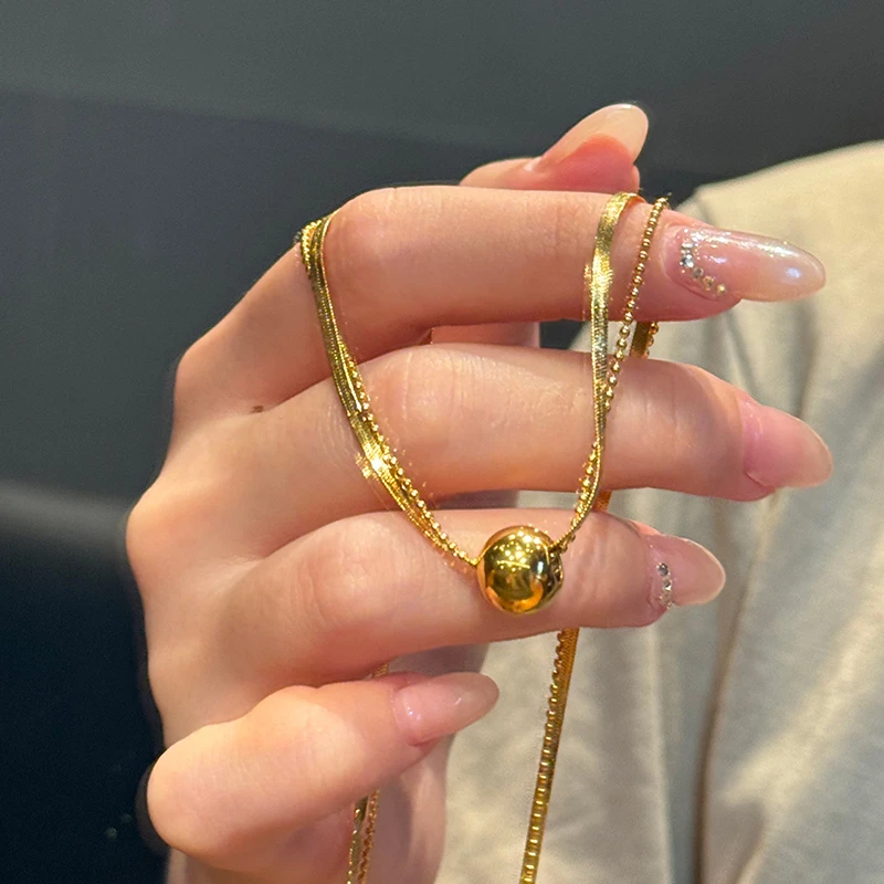 钛钢项链 蛇骨小圆球双层项链女轻奢高级锁骨链不褪色配饰品百搭