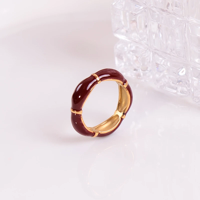 钛钢戒指 安可拉红滴釉气质简约百搭竹节戒指女复古轻奢食指环