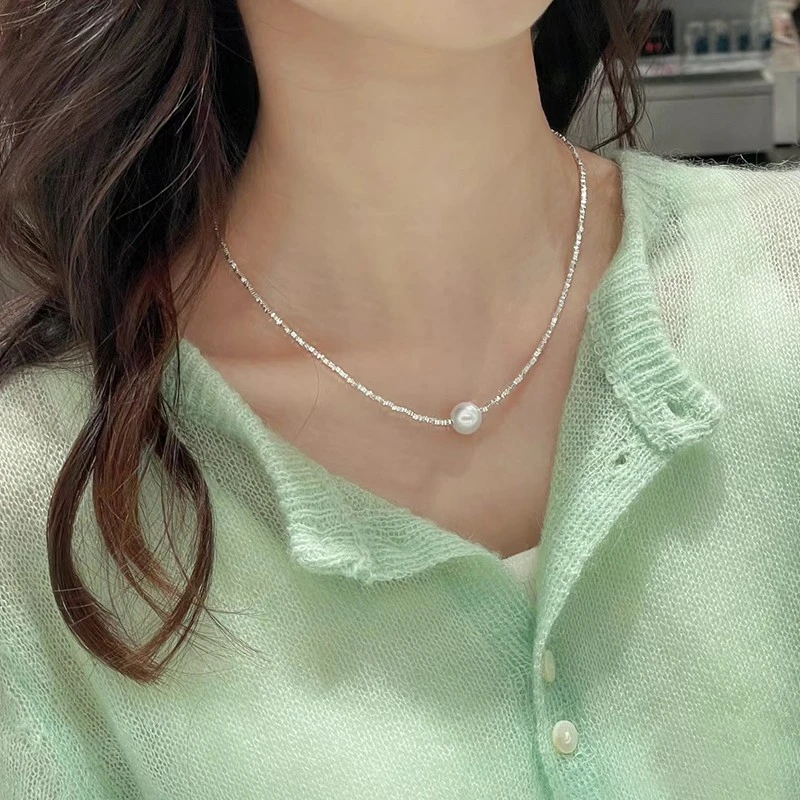 链子925银 一颗淡水珍珠碎银子项链女简约气质碎银几两细款锁骨链
