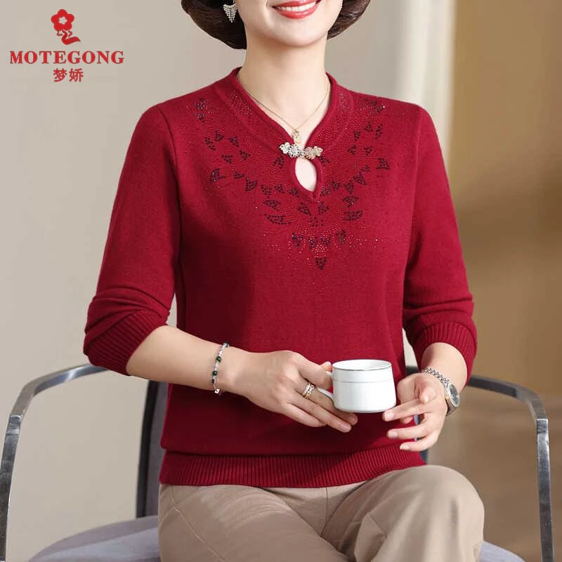 梦娇正品妈妈秋装2024新款中老年女装秋冬针织打底毛衣宽松旗袍领