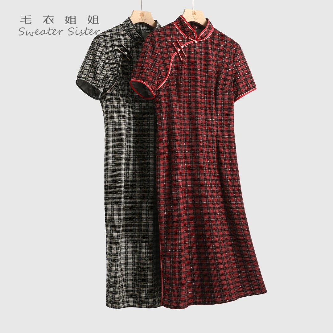 新款复古民国风格子显瘦低开叉短袖旗袍女605-1506