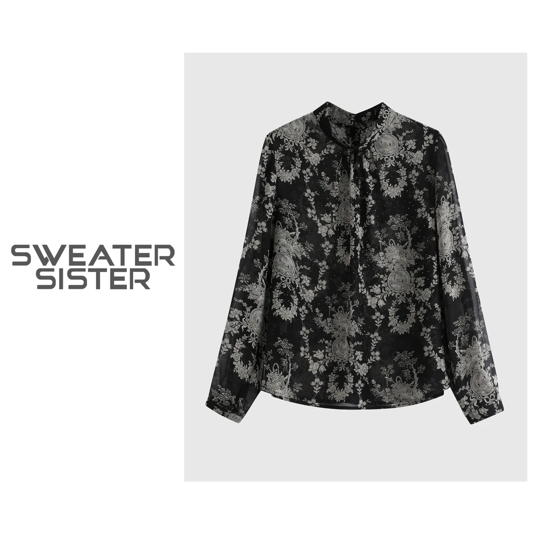 毛衣姐姐设计感立领气质显瘦烫钻碎花两面穿雪纺衬衫女401-7711