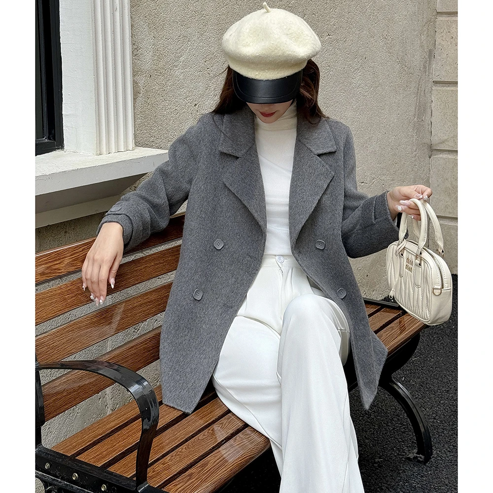 韩版双排扣西装领外套中长双面呢大衣女5180-3002-1