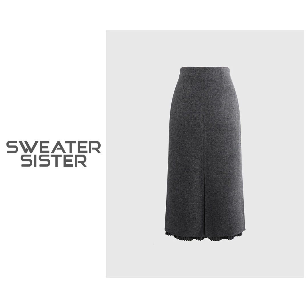 毛衣姐姐新款赫本气质显瘦开叉百褶裙半身裙女626-006