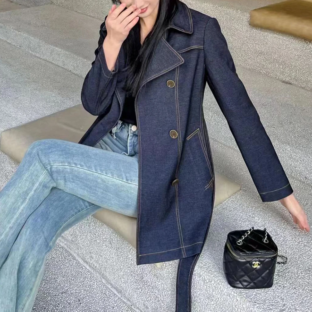 毛衣姐姐韩版休闲牛仔双排扣收腰显瘦西装领风衣外套女513-82418