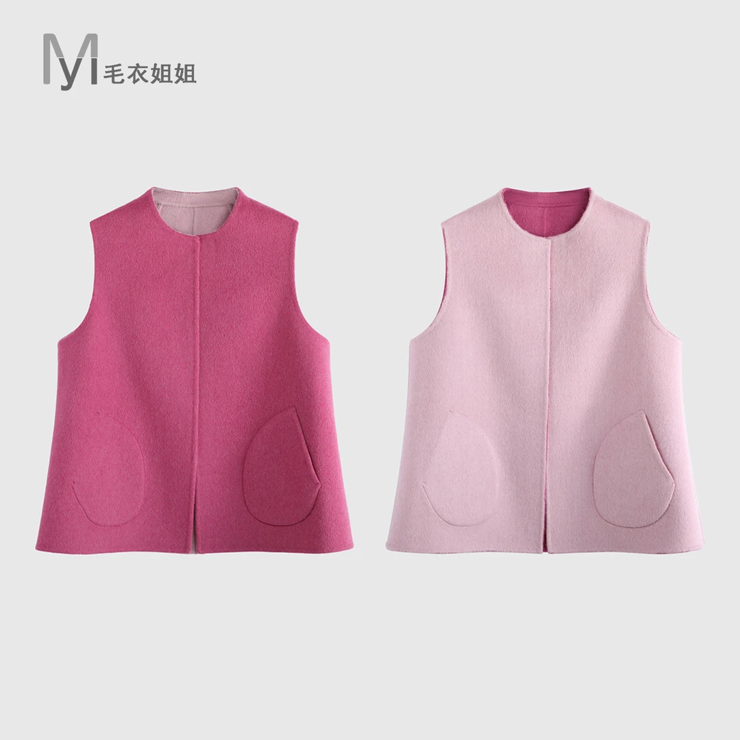 【两面穿马夹】圆领拼色双面呢无袖马夹外套女6677-24688