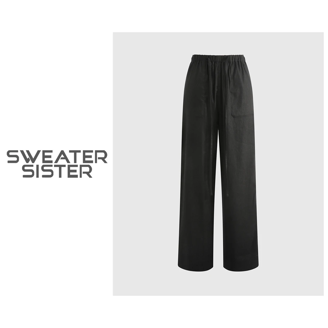 毛衣姐姐 新款亚麻轻柔典雅抽绳松紧腰显瘦直筒休闲裤女018-89