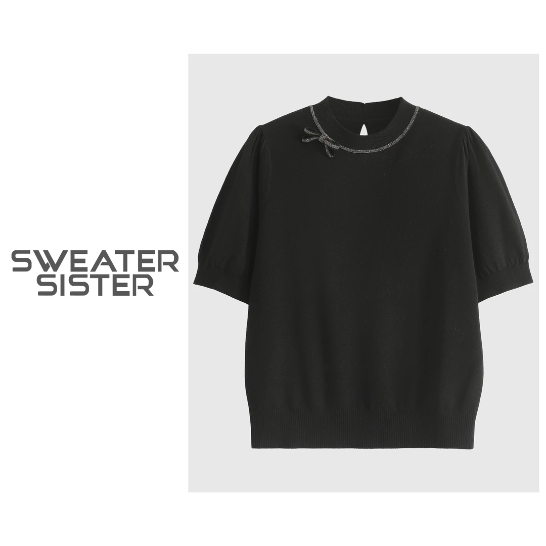 毛衣姐姐 早秋名媛小香风蝴蝶结烫钻短袖针织衫女150-23697