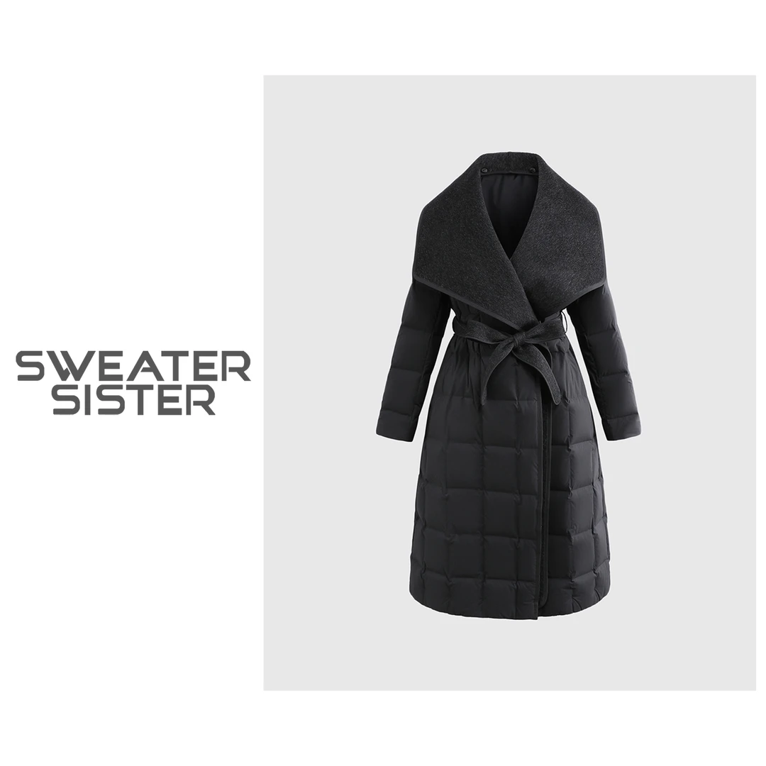 冬季大翻领中长款气质显瘦毛呢拼接羽绒服女592-4061