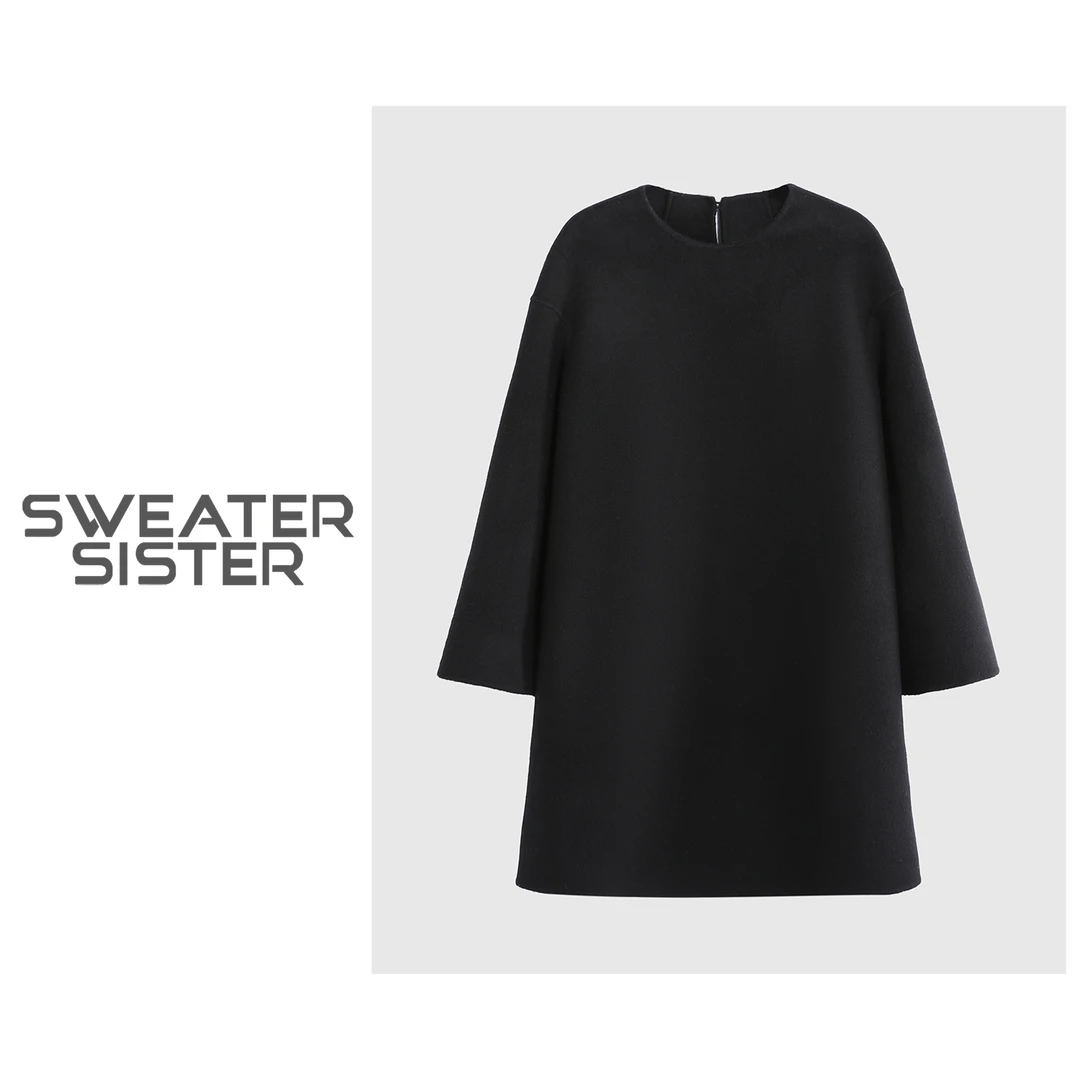 秋冬复古圆领气质显瘦双面呢长袖连衣裙女6677-24679