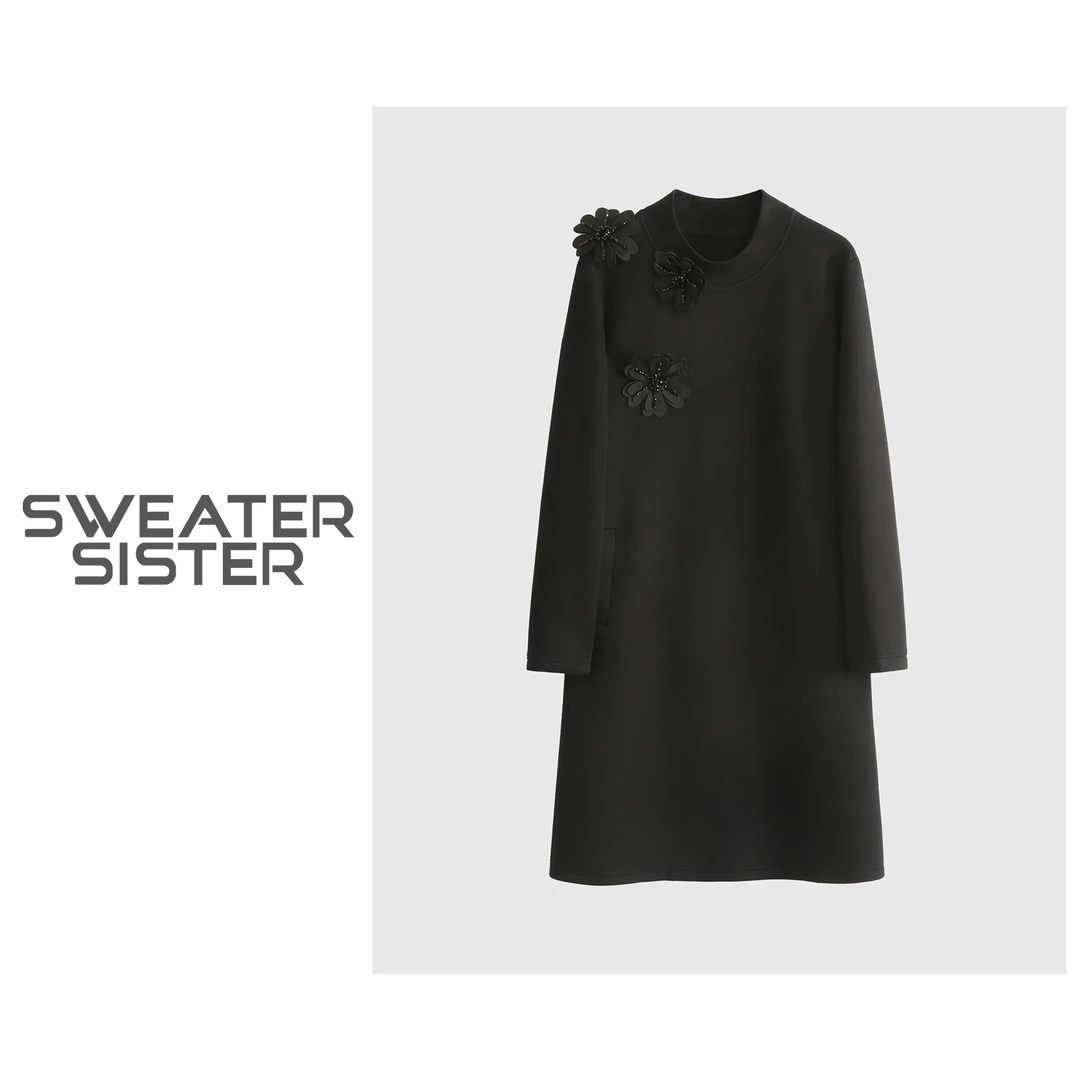 纸片人~毛衣姐姐圆领设计感精致大花瓣中长款连衣裙女649-23078