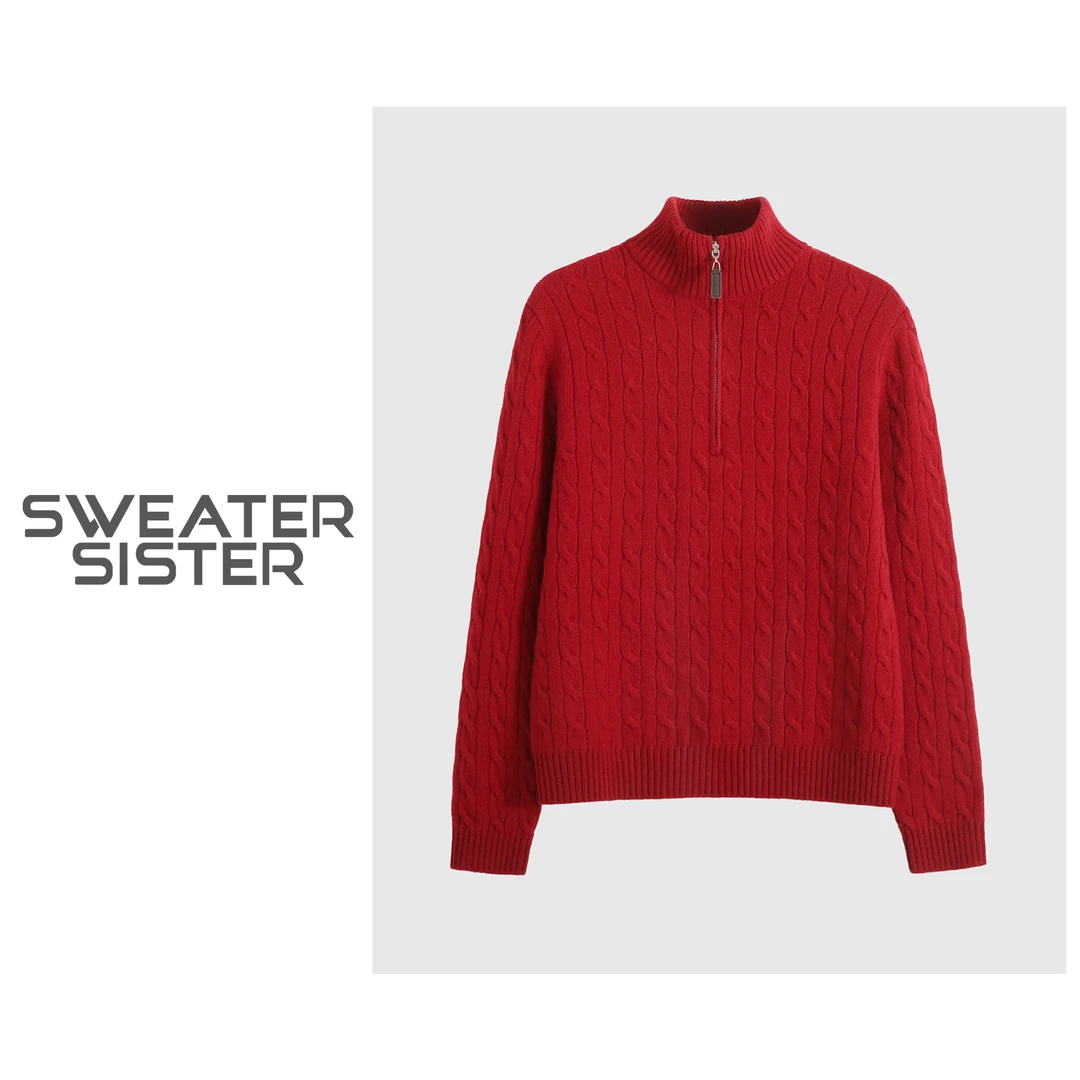 毛衣姐姐慵懒风立领半拉链麻花羊毛套头针织衫毛衣女037-9373