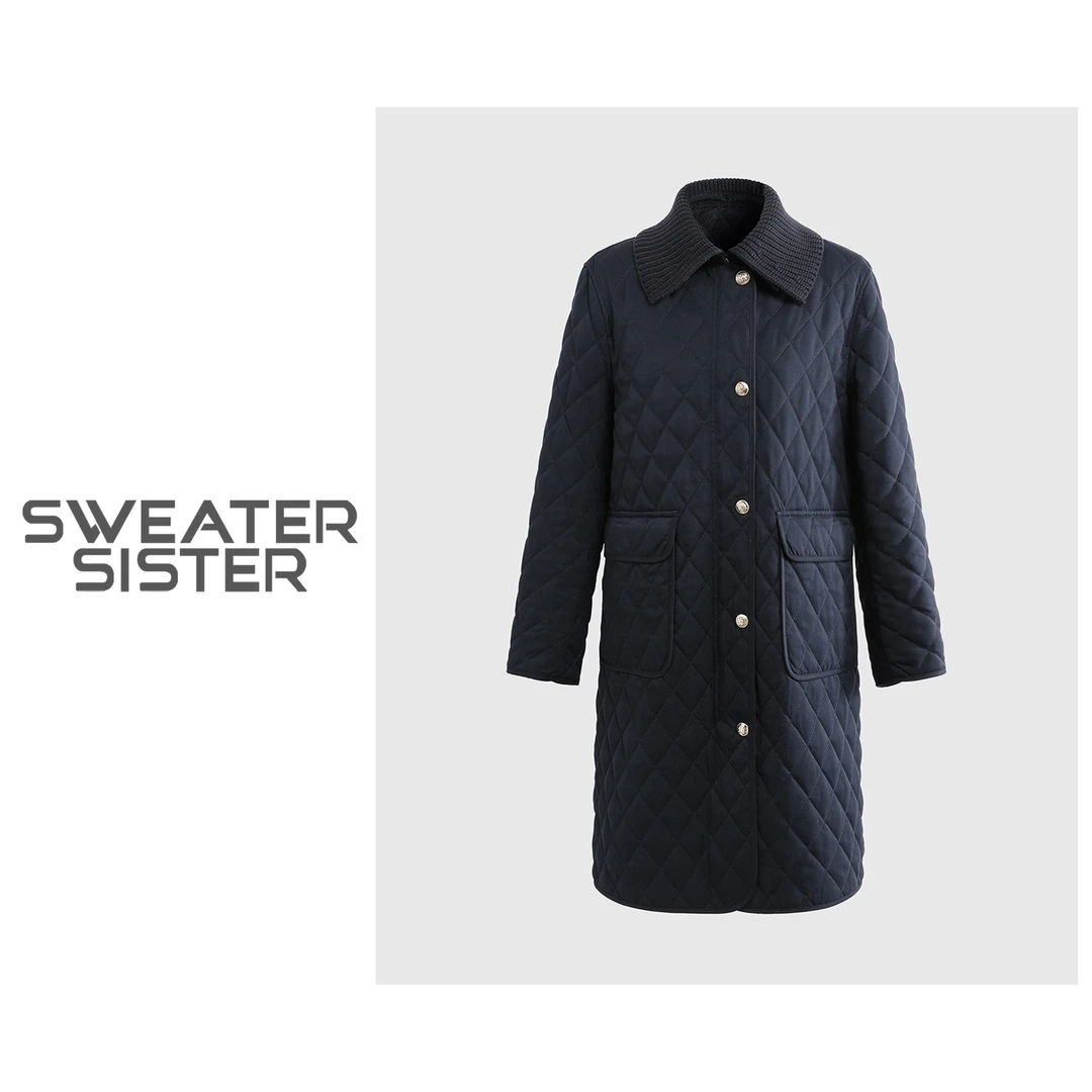 秋冬中长款可脱卸针织领显瘦菱格棉服外套女515-01715