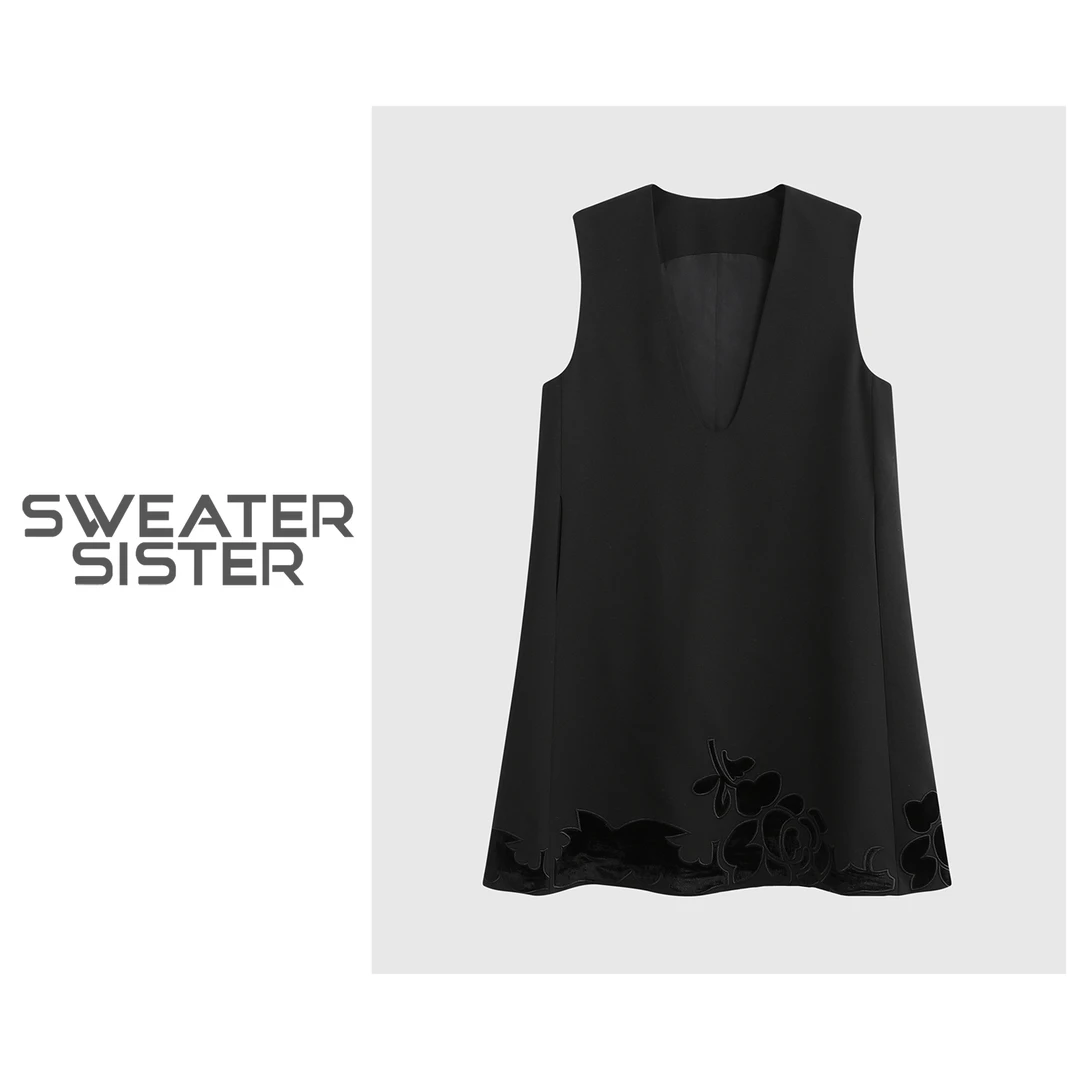 【玫瑰小黑裙】515-01637法式V领植绒刺绣叠穿无袖马夹连衣裙女