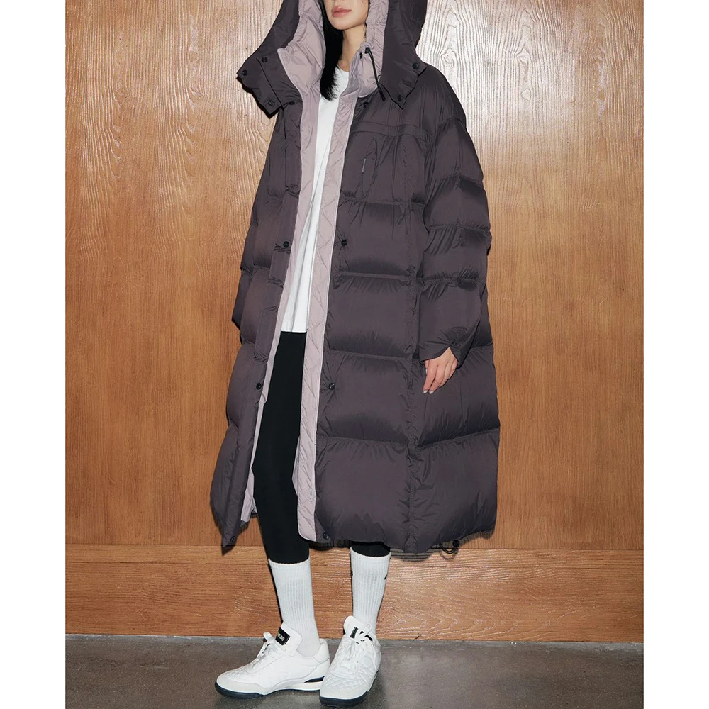 冬季连帽撞色保暖舒适长款过膝羽绒服女425-016