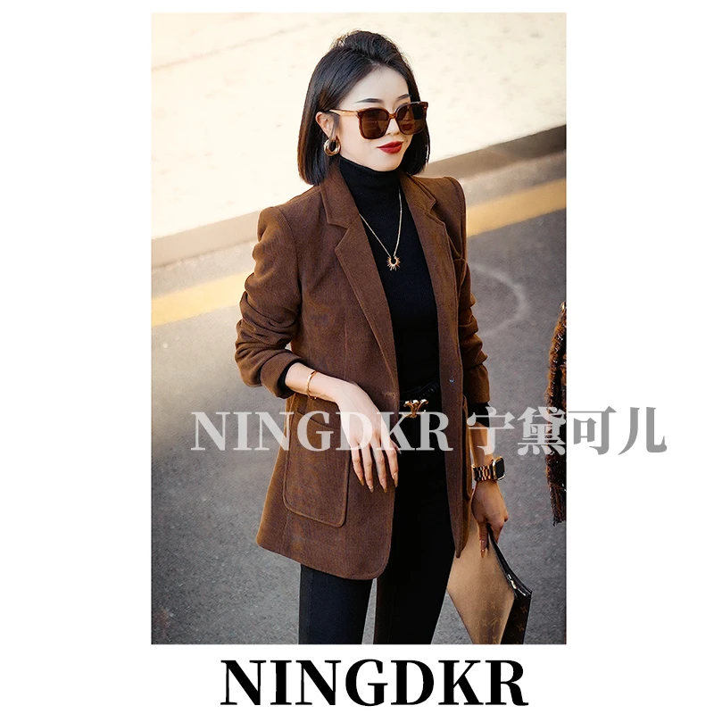 优JN100914高级感复古气质显瘦百搭灯芯绒西装外套女休闲小西服