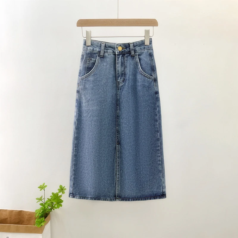 牛仔裙女秋季小个子中长款半身裙高腰A字高级设计感小众开叉裙子