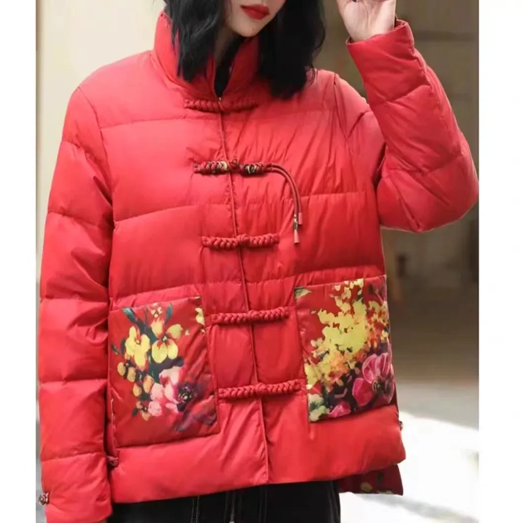 时尚气质印花短款盘扣羽绒外套8818