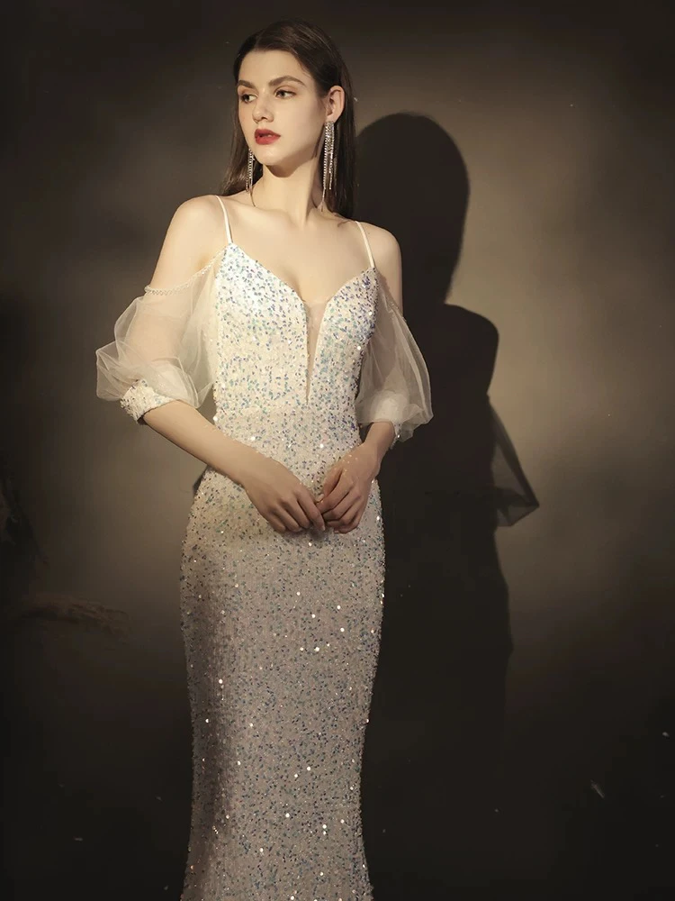 直播链接断码特价白色亮片晚礼服宴会气质轻奢高端名媛鱼尾主持人
