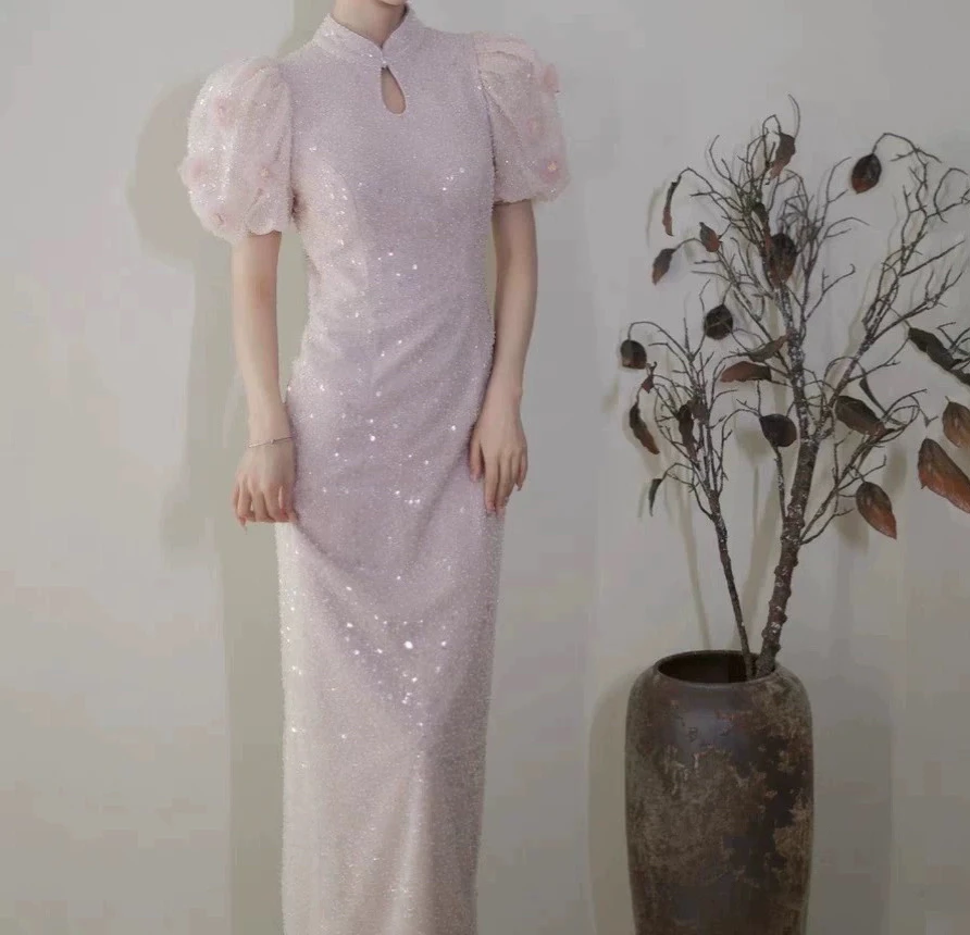 直播链接断码特价浅紫色改良旗袍鱼尾晚礼服订婚中长款主持人礼服