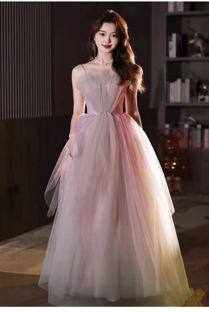 直播链接断码特价吊带粉色渐变水墨晕染喷金晚礼服艺考主持生日